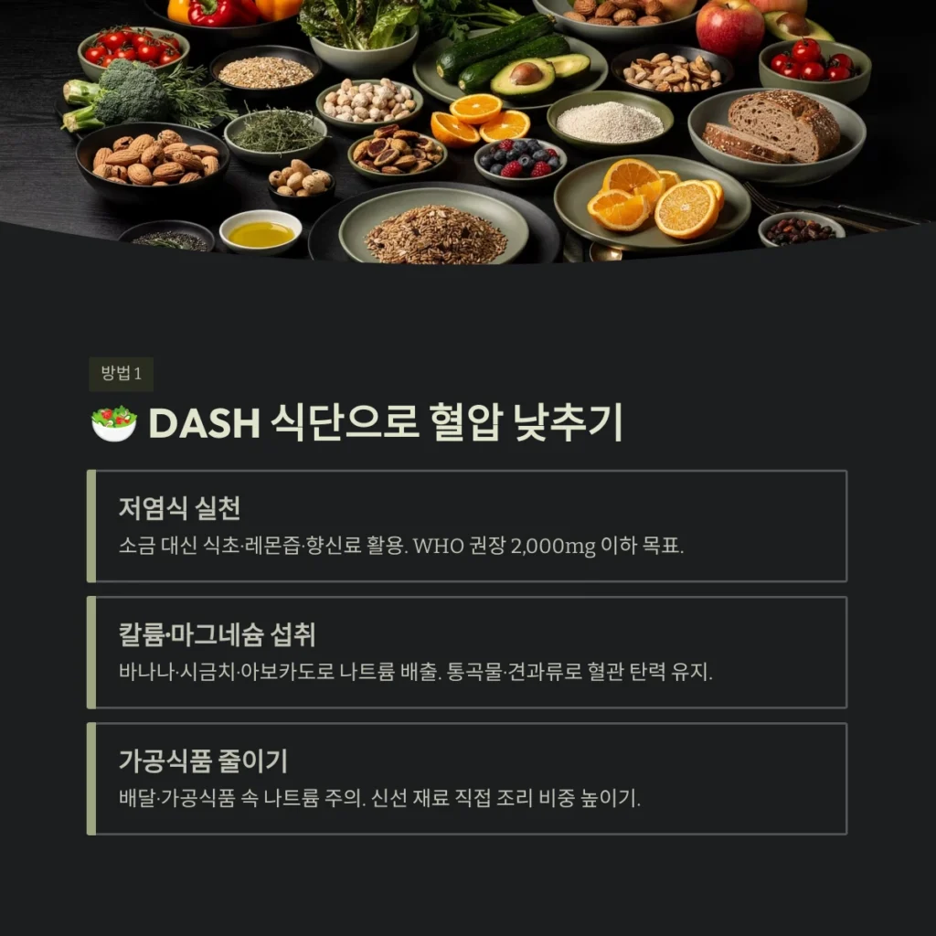 고혈압 낮추는 방법 5가지와 식단/운동 완벽 가이드 3 DASH 식단으로 혈압 낮추기