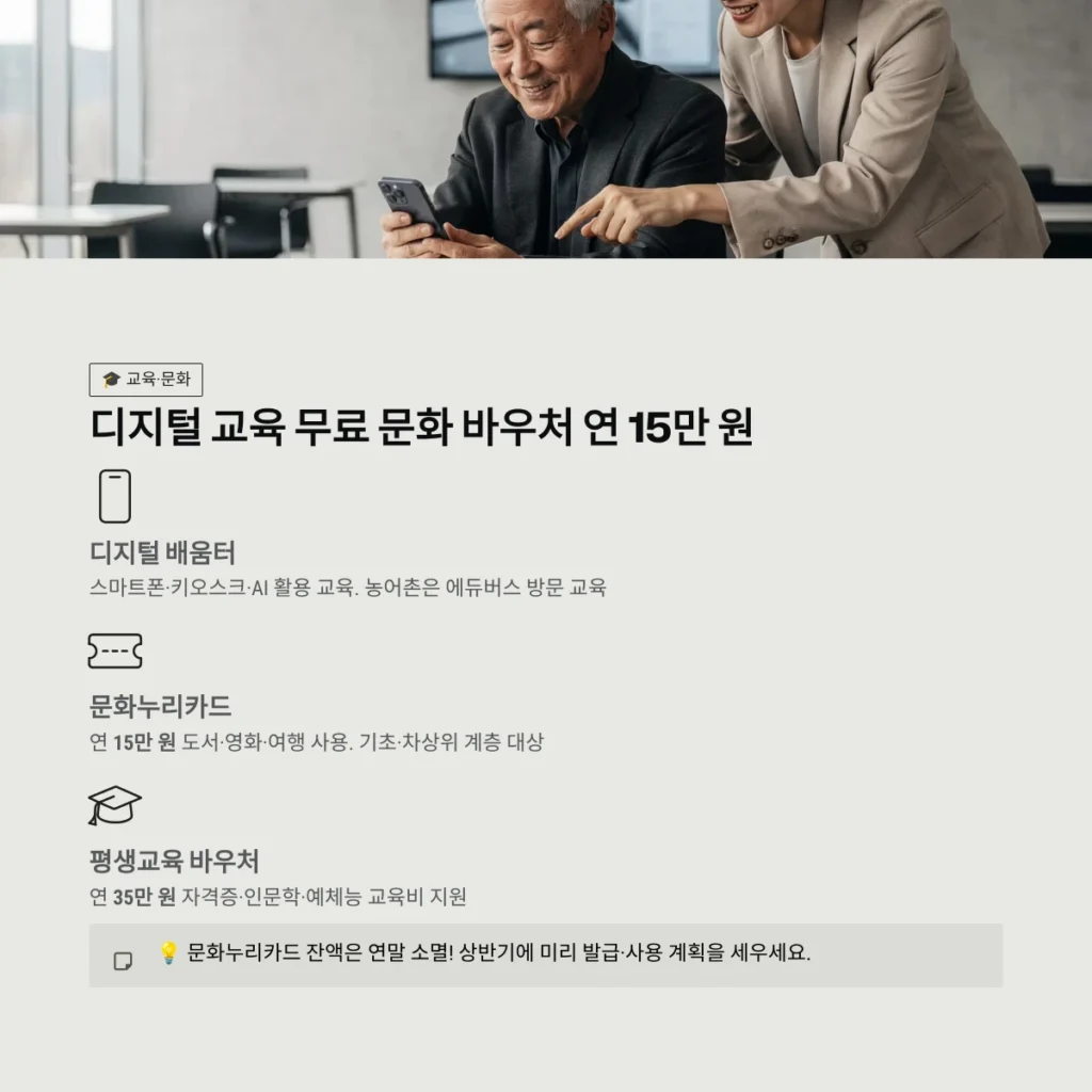 2026년 달라지는 노인 복지 혜택 모음: 기초연금부터 스마트 돌봄까지 총정리 5 디지털 교육 무료 문화 바우처 연 15만 원